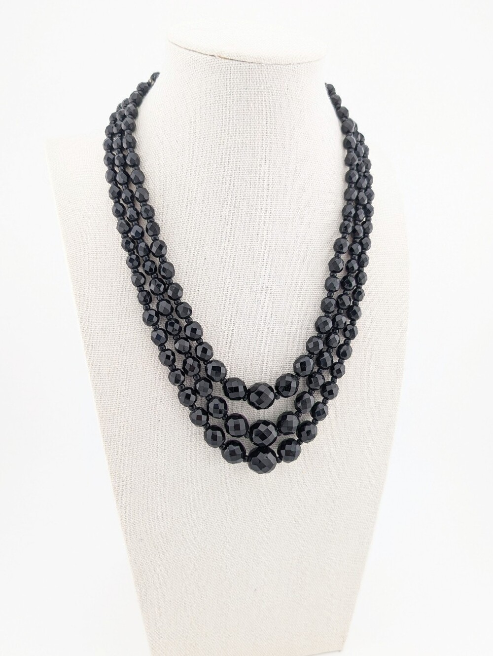 Vintage West Germany Black Glass Bead Necklace 3 Strand Triple Layered Statement